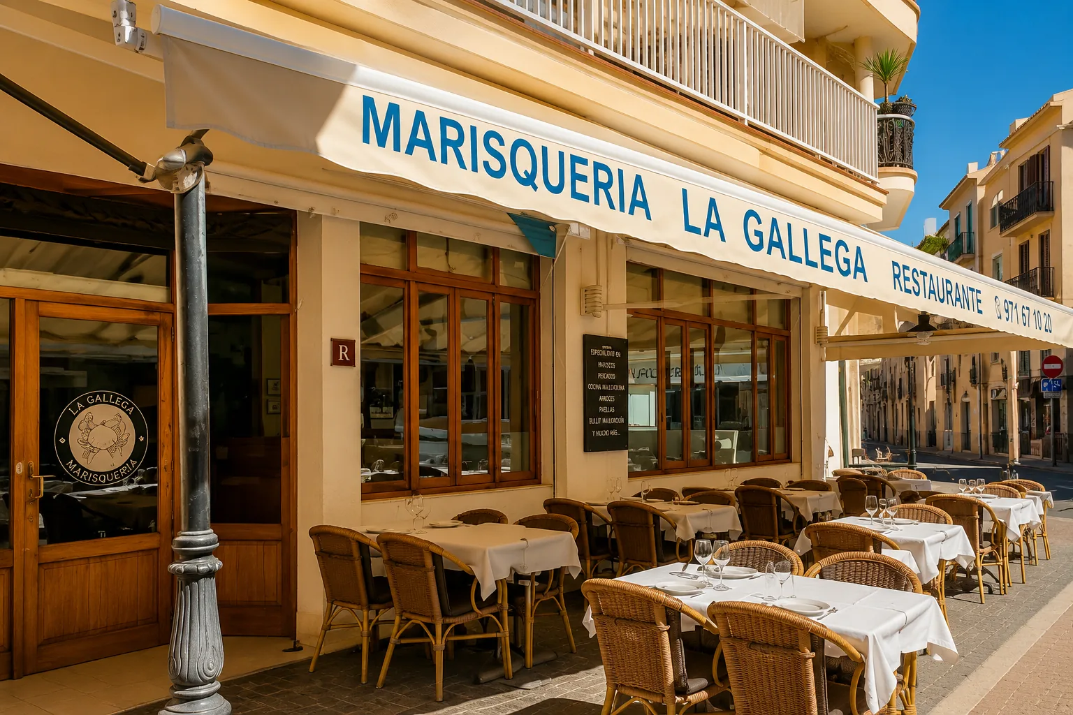 Entrada y terraza de Marisquería La Gallega, en Port d'Andratx, con las mesas preparadas.